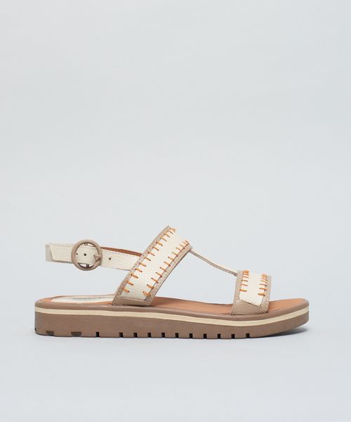 Rasteira Tratorada Couro Pesponto - Offwhite