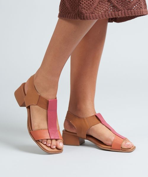 Sandalia Media Elastico Couro - Ocre/Cereja