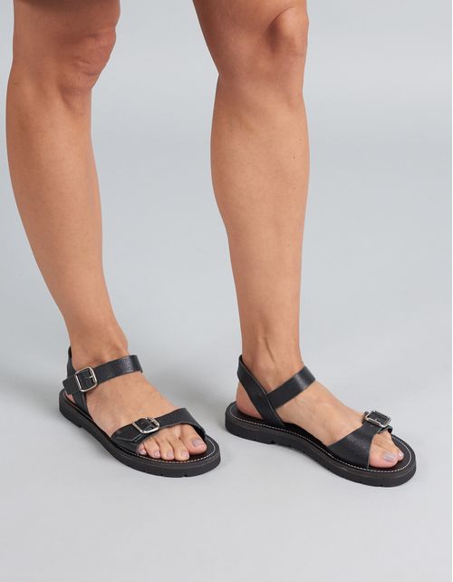 Rasteira Couro Fivelas - Preto