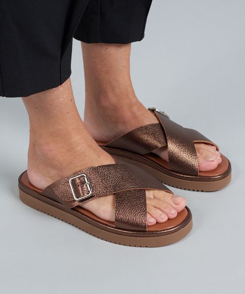 Flat Couro Tiras Cruzadas - Bronze
