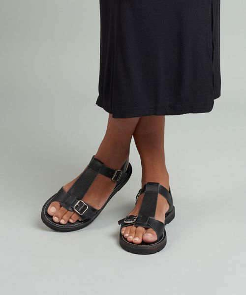 Rasteira Couro Fivelas - Preto
