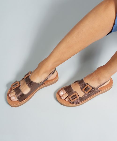 Rasteira Couro Fivelas - Bronze